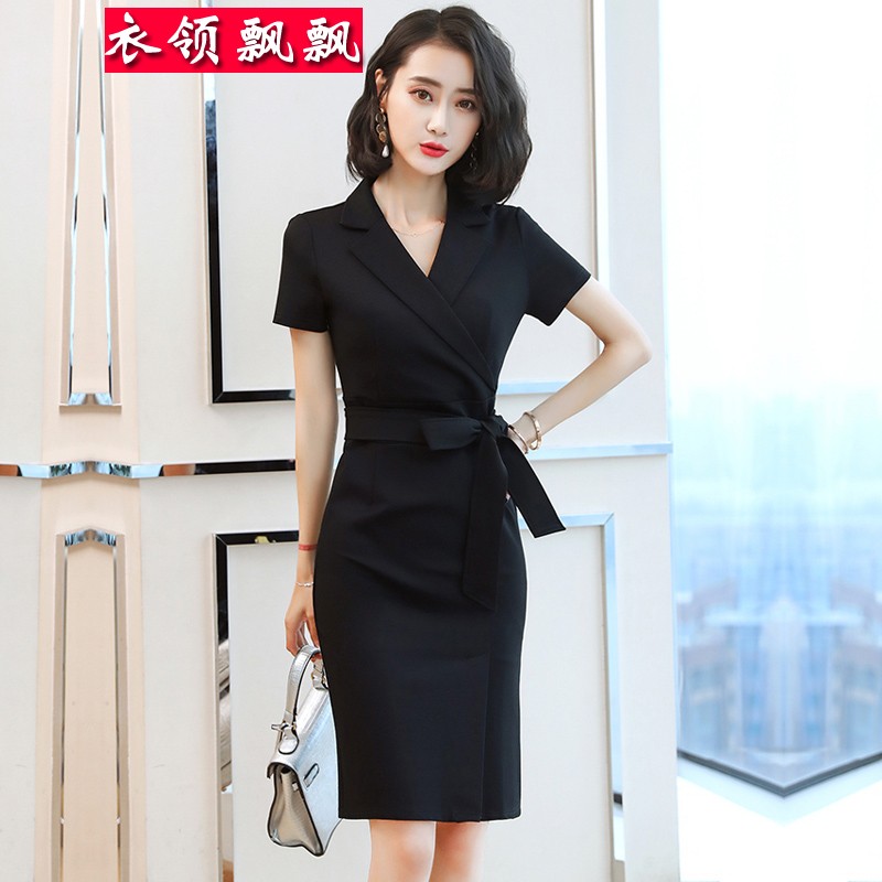 衣领飘飘短袖高腰连衣裙女装职业工作服夏装新款ol包臀打底裙子名媛