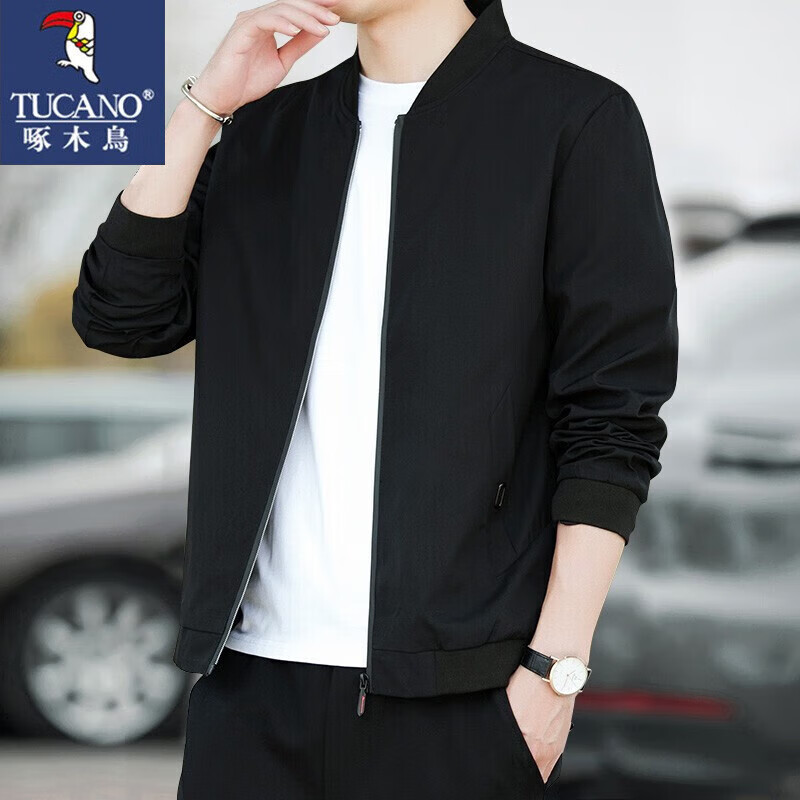 啄木鸟夹克男外套上衣男士春秋季薄款新款纯色中青年棒球服 黑色 XL -(125斤-140斤)