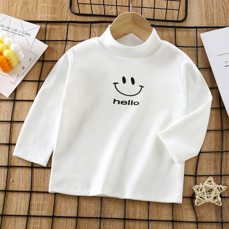 高领男宝宝秋衣0-8岁女童长袖t恤中大童保暖上衣 德绒中高领-白色笑脸