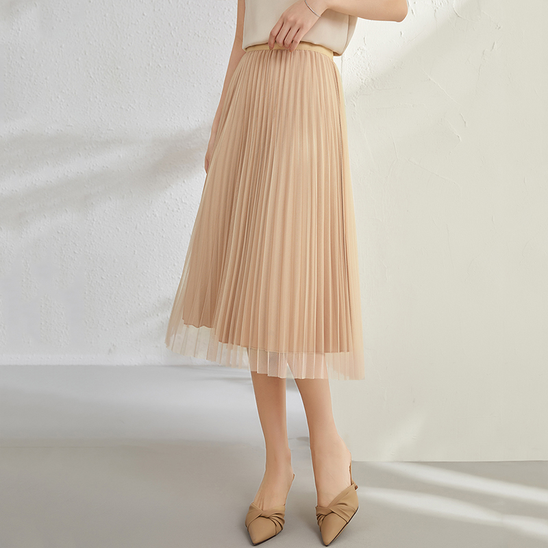 尚都比拉2022年夏季新款网纱a字百褶半身裙女杏色m