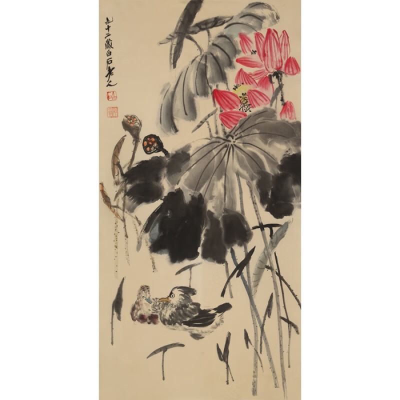 齐白石字画花鸟名人国画荷花作品三尺竖幅纯手绘临摹名家写意书画纯