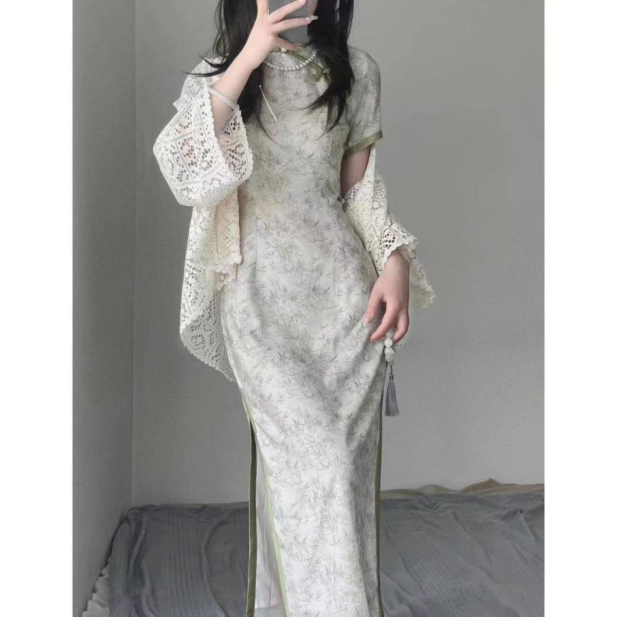 品莠复古风气质款旗袍夏季文艺斜襟日常旗袍改良式绿色旗袍 青竹面料