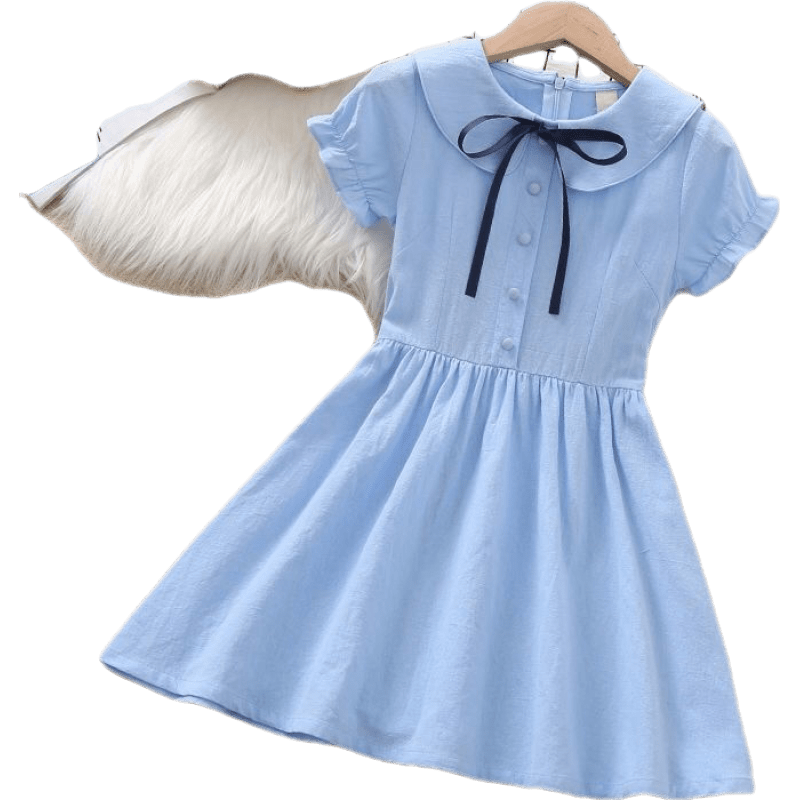 女童短袖连衣裙夏季新款棉布裙子儿童公主裙中大童洋气夏装 天蓝色