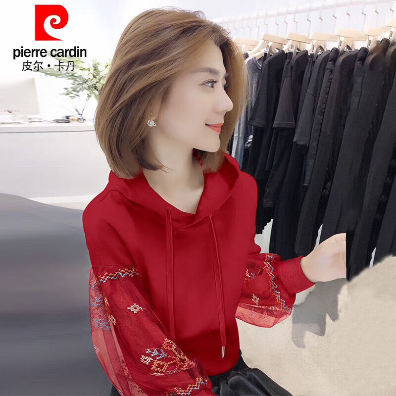 皮爾卡丹（pierre cardin）歐洲站燈籠袖印花連帽衛(wèi)衣女2024春秋新款歐貨韓版寬松時尚衛(wèi)衣衫 233#紅色 S80-95斤好質(zhì)量
