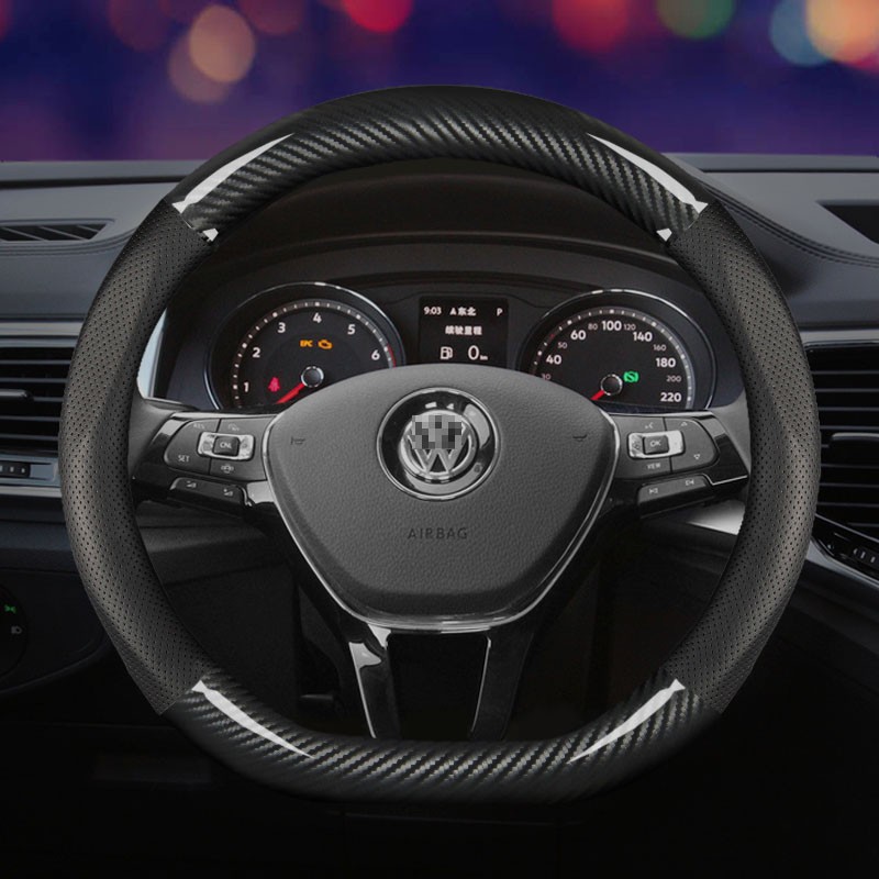 达珀德 方向盘套汽车真皮把套四季通用防滑专用碳纤牛皮免手缝 适用于 大众新朗逸速腾途观L帕萨特迈腾宝来桑塔纳捷达蔚领 圆型真皮碳纤【黑色款+运动标】