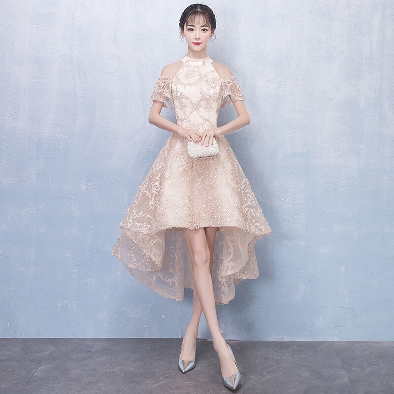 塞德勒宴會(huì)晚禮服女2025新款前短后長(zhǎng)款伴娘服氣質(zhì)學(xué)生小禮服連衣裙 香檳色 L