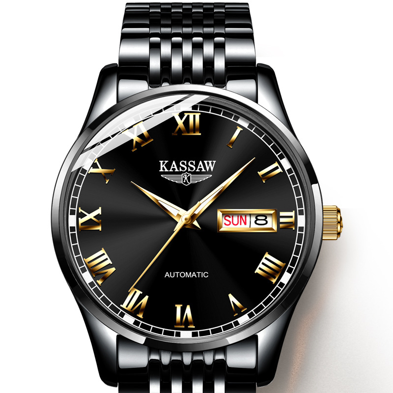 卡梭名表手表男女全自动机械表进口机芯防水夜光情侣手表 全黑金面