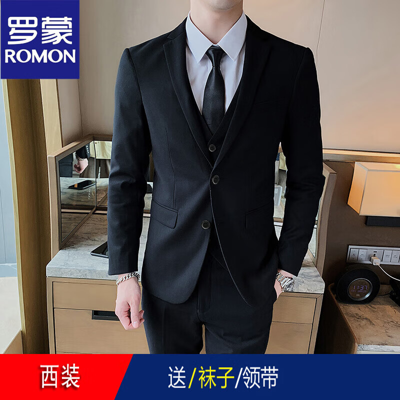 罗蒙（ROMON）西服套装男士韩版修身外套新郎结婚礼服商务职业正装小西装男 双扣黑色 西装+领带袜子 L建议110斤-119斤穿