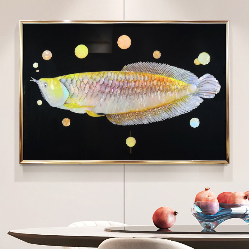 画龙珐琅彩金龙鱼餐厅背景墙装饰画轻奢风高级饭厅餐