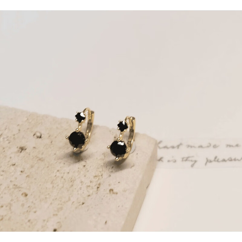 佩曼 黑曜石耳环气质精致小巧简约设计感通体925银镀金 黑曜石气质