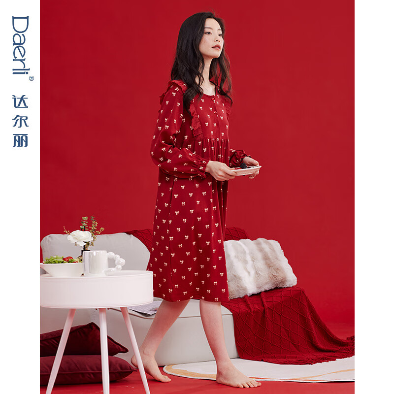 达尔丽红色睡裙女纯棉春秋圆领长袖中裙新款本命年甜美蝴蝶结印花连衣裙 T8246218-029-红色 2XL