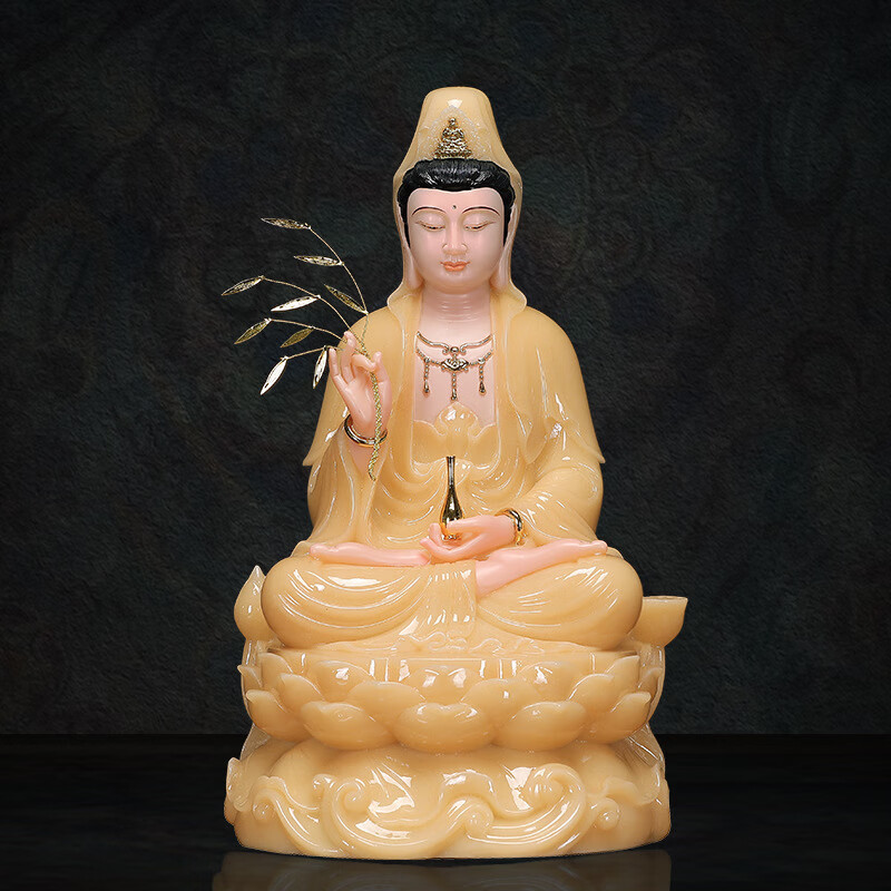 汉白玉观音客厅供奉娑婆三圣神像全堂佛佛像大肚弥勒 黄玉观音 12寸