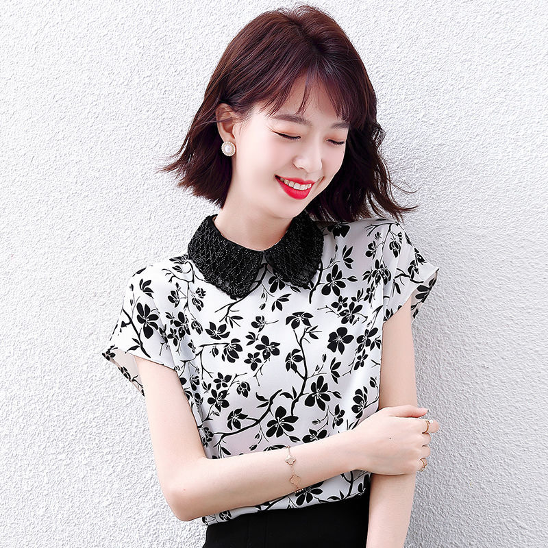 夏拉琪小碎花衬衫女夏季新款法式复古甜美娃娃领短袖宽松雪纺上衣潮