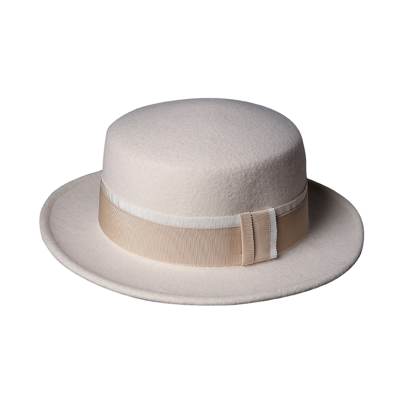 Mr DUCK英伦复古平顶礼帽男女爵士帽纯羊毛呢轻奢帽搭配大衣风衣时尚毡帽 MW216251-茶白色（小边5.5cm） S(适合52-54cm头围）