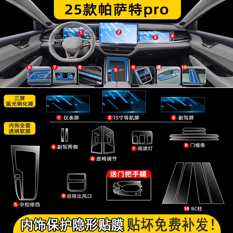 達(dá)珀德24-25款大眾帕薩特PRO中控導(dǎo)航液晶顯示屏幕鋼化膜內(nèi)飾保護(hù)貼膜 帕薩特PRO【15寸導(dǎo)航儀表副駕藍(lán)光鋼化】+全套 23-25款帕薩特