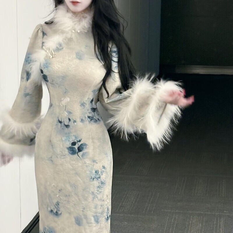 矢向画报夫人旗袍新中式自制国风秋冬厚款提花针织倒大袖厚款旗袍 不加绒厚款晚香玉 M