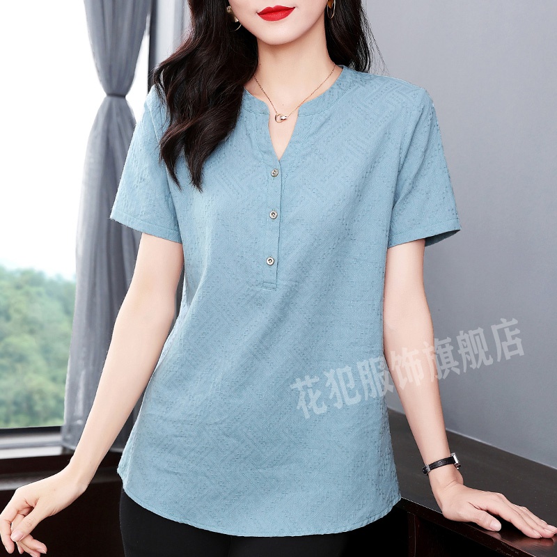 花犯 窈觅儿 环媚儿服饰 2022新款新衣短袖女夏季薄款纯色减龄v领棉麻