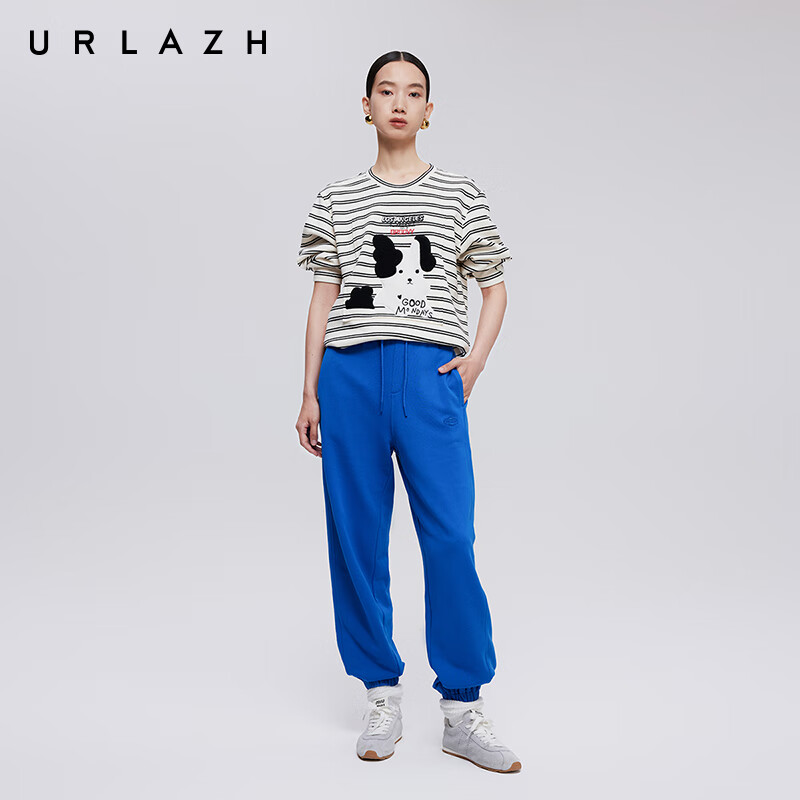 URLAZH有兰秋季新款简约百搭宽松狗狗黑白条纹圆领休闲长袖T恤女 本白 M