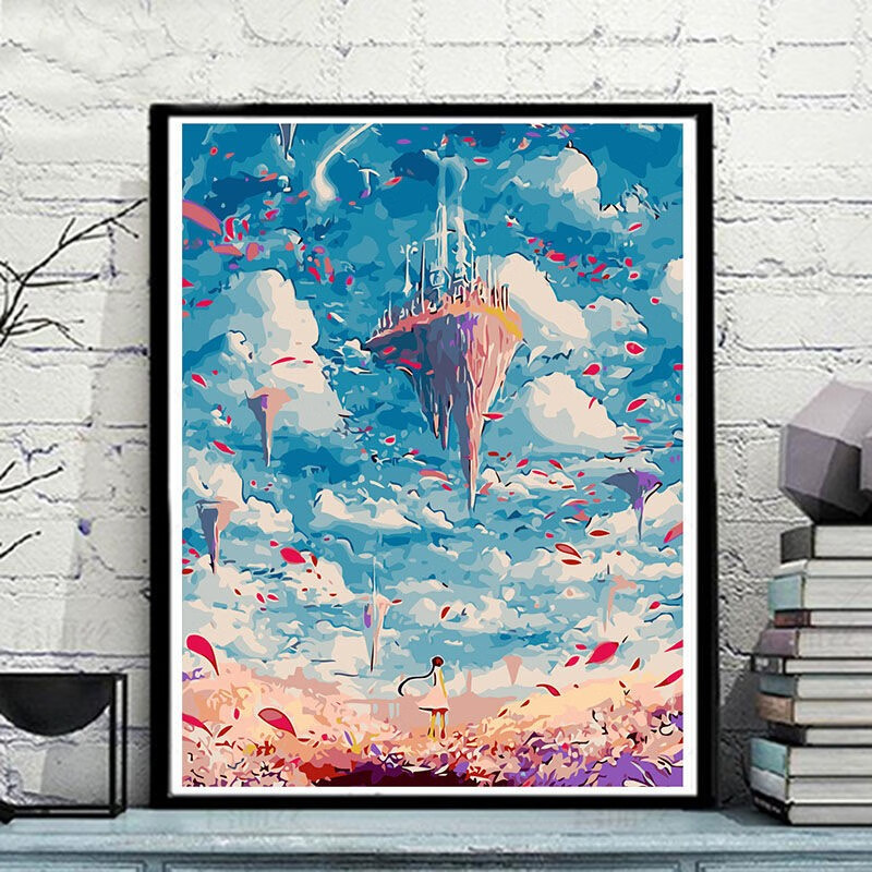 油画diy油彩画动漫风景人物填色手工手绘画卧室客厅装饰画 2-天空之城
