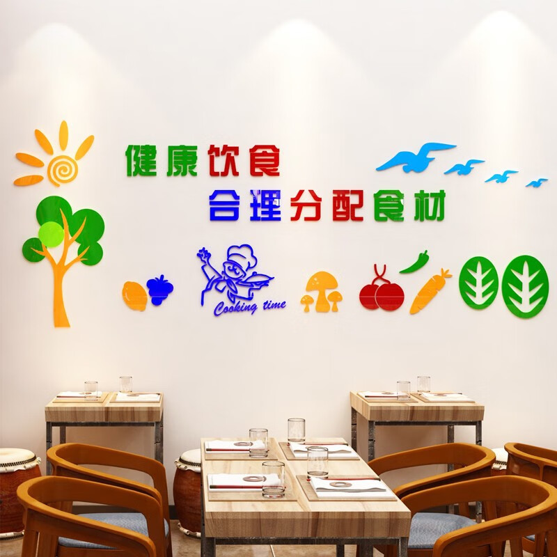 堂三彩学校食堂布置文化墙装修餐厅饭店墙面装饰饭堂校园文化健康饮食