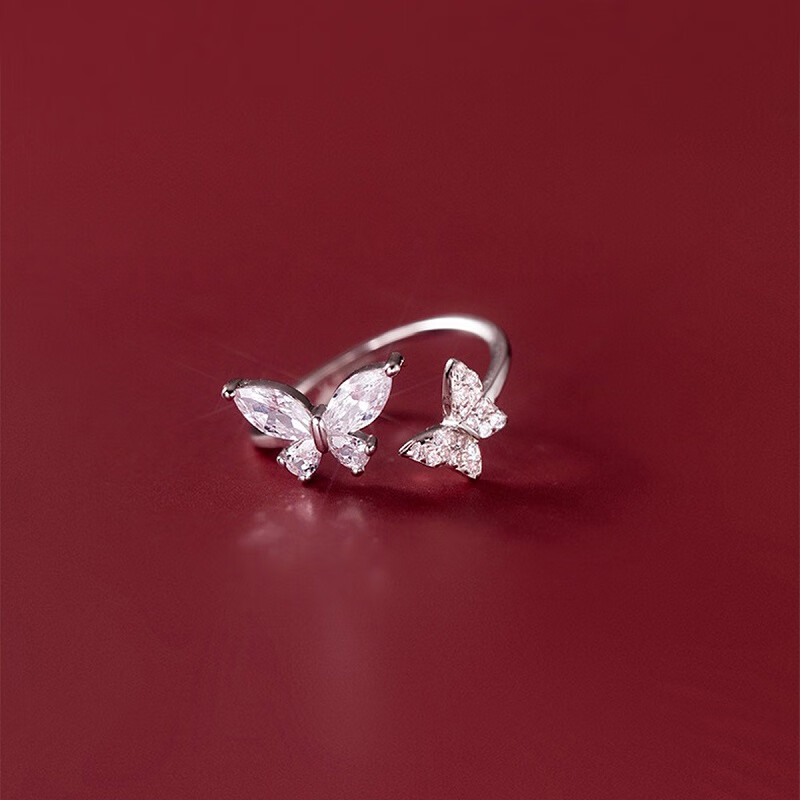 苏十六925银满钻蝴蝶开口戒指女生个性时尚食指戒子指环生日礼物送女友 蝴蝶戒指（开口款）