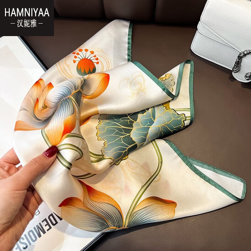 汉妮雅(hamniyaa)53cm中国风荷花长方形100桑蚕丝丝巾女薄款真丝围巾