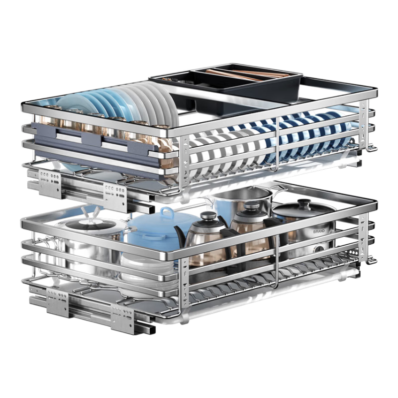 卡貝(cobbe)廚房304不銹鋼碗籃抽屜式櫥柜雙層鍋碗盤收納置物架抽拉碗碟拉籃