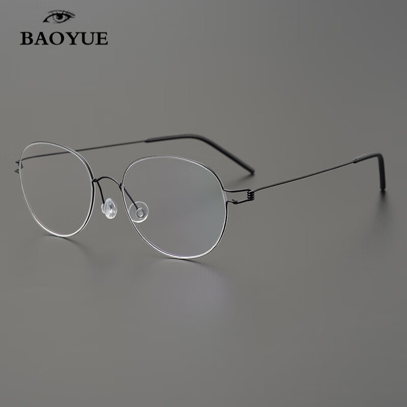 暴悦 无螺丝超轻纯钛手工眼镜框椭圆细框细腿男女商务眼镜 黑色框