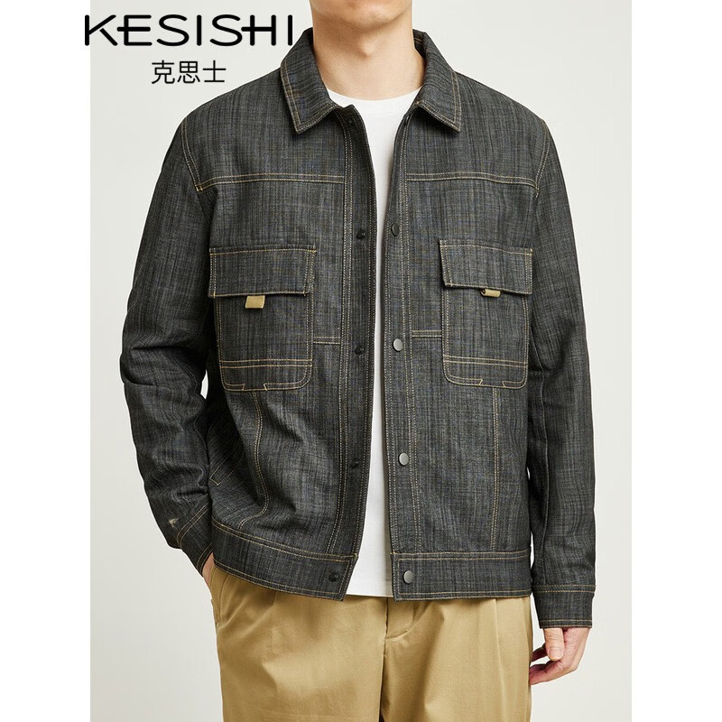 克思士高端品牌男装黑色翻领牛仔夹克男2022春秋季新款男士休闲修身