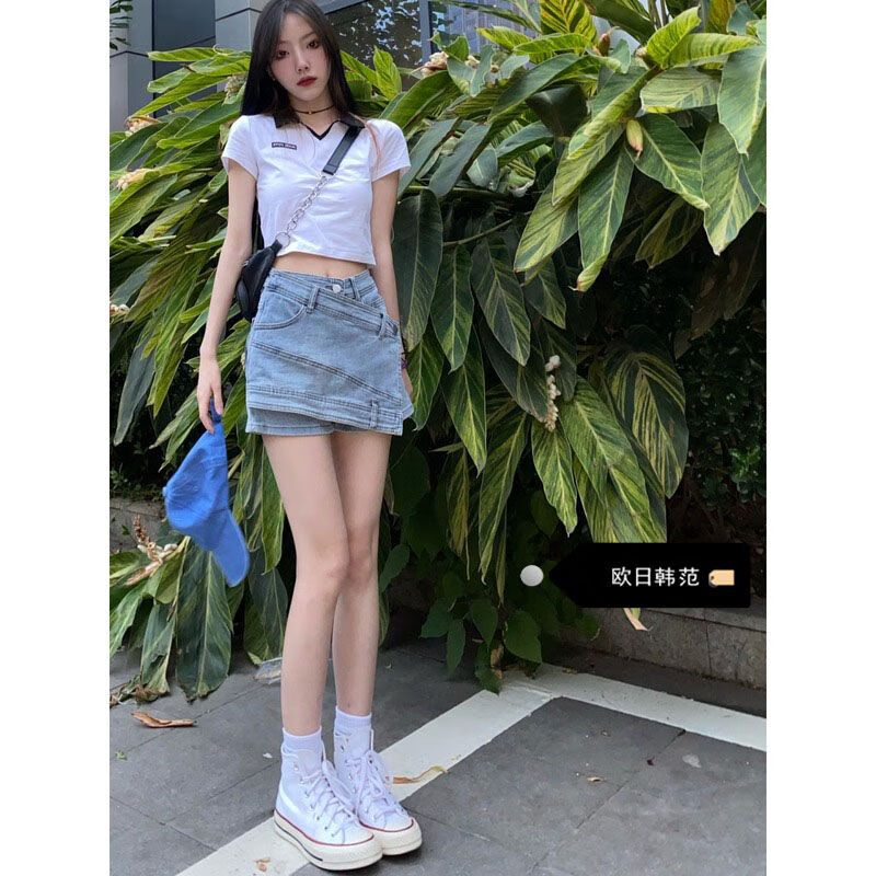 芒喆矮小个子穿搭裤衩裙裤女士女人味大码高腰设计感牛仔短裤裙女胖mm