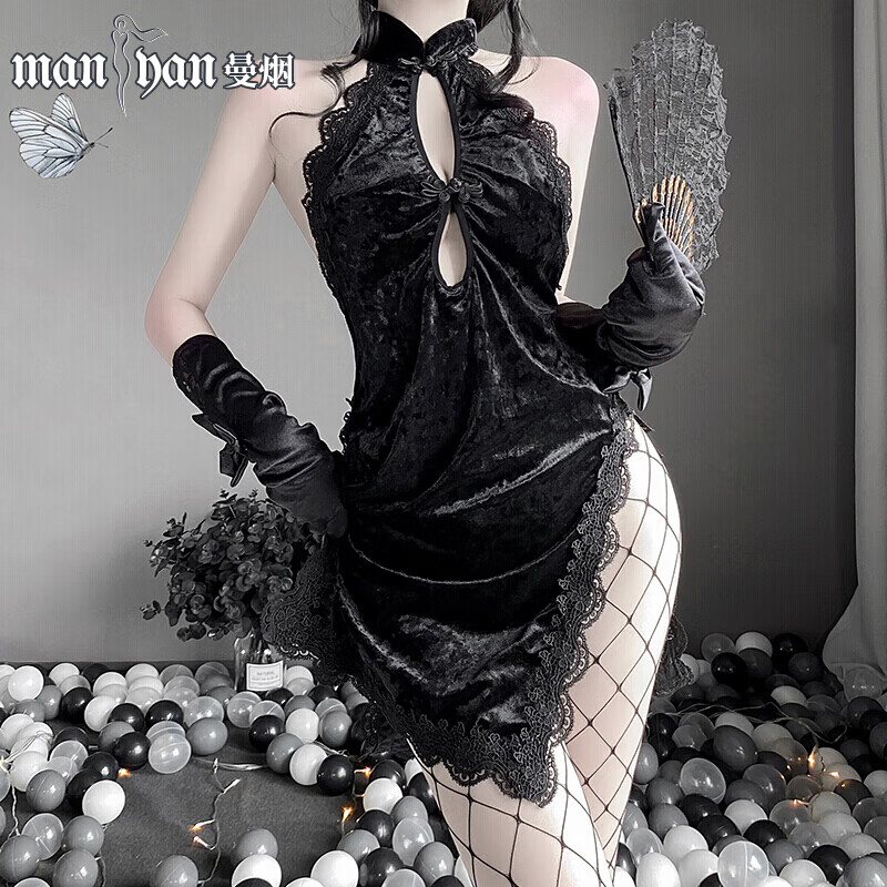 赫本民国女王制服套装性感诱惑睡衣浪漫蕾丝镂空透视免脱的旗袍套装