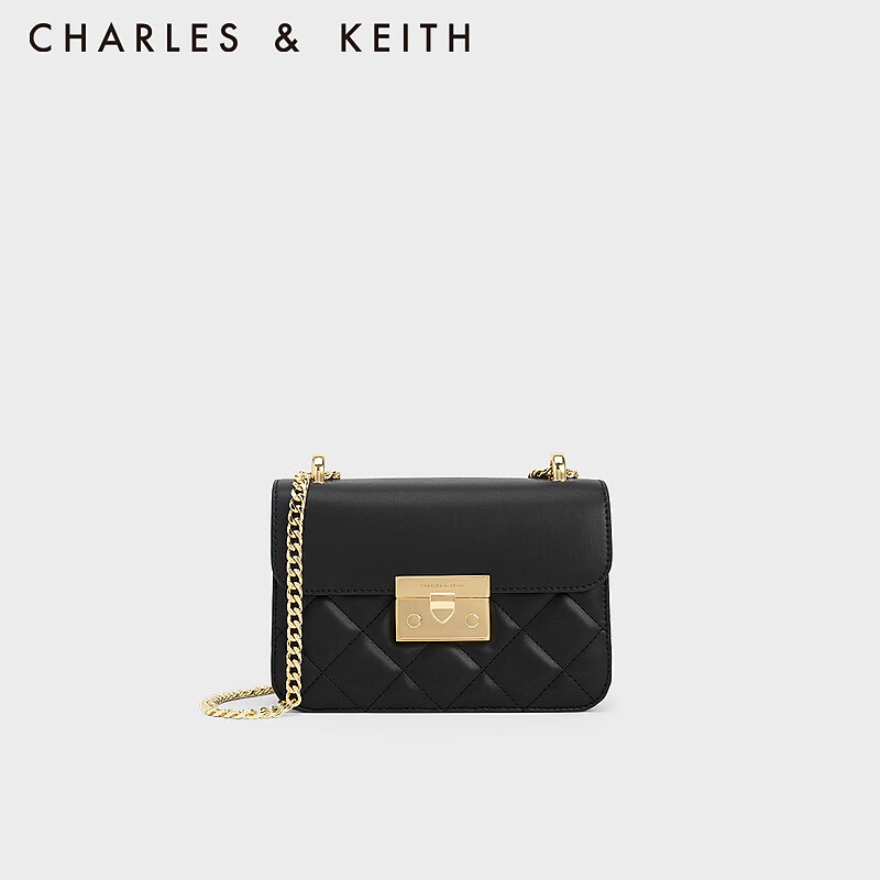 CHARLES&KEITH拼接菱格链条斜挎小方包女CK2-80701360 Black黑色 S