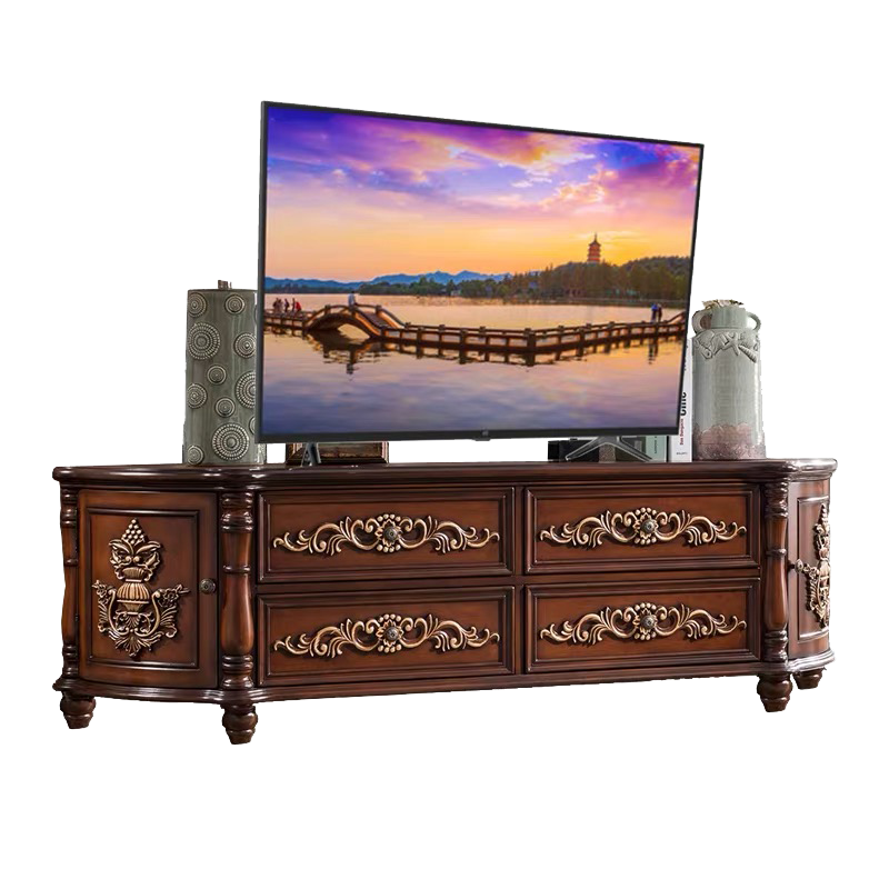 卡梵羅 歐式電視柜實木美式弧形影視柜臥室小地柜雕花彩繪 棕色彩繪 1.2單個茶幾