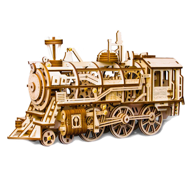 若态若客立体木质拼装复古玩具 火车头科普机械传动创意模型机械传动美学 激光火车头