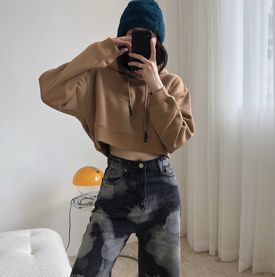 女生穿的高腰短款长袖卫衣春秋款连帽宽松韩版休闲 卡其色(不加绒)