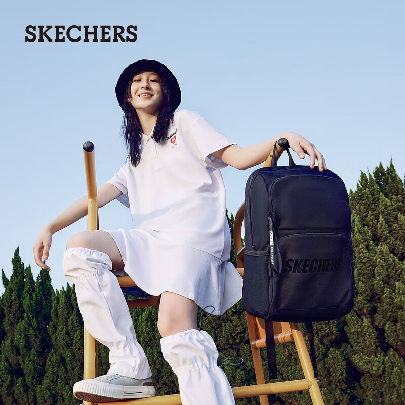 斯凯奇（Skechers）双肩包男女红色书包时尚大容量休闲运动旅行背包 碳黑/0018