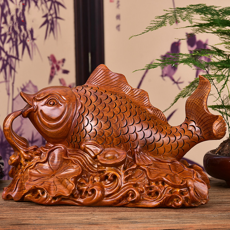 花千紫花梨木雕鱼摆件红木鲤鱼客厅装饰实木年年有鱼乔迁新居雕刻工艺