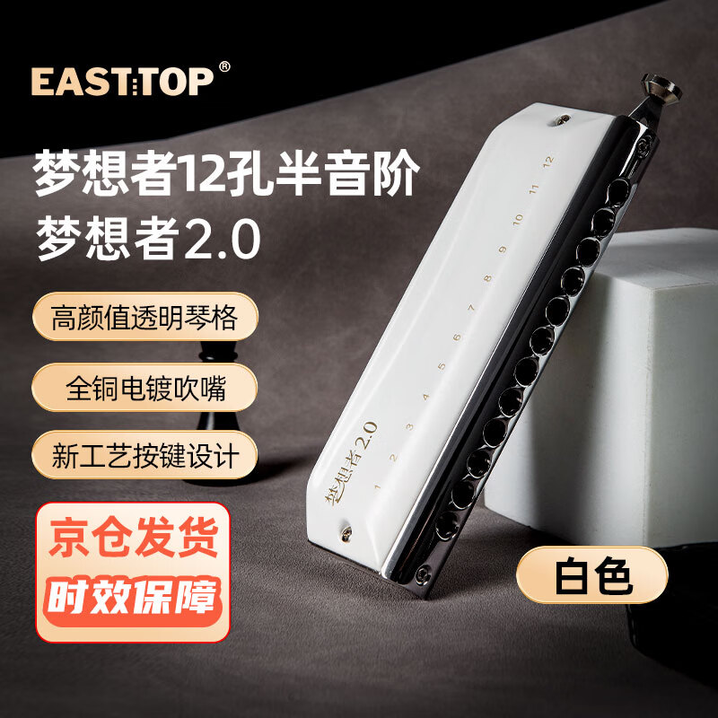 东方鼎（EAST TOP）半音阶口琴12孔48音白色款 梦想者2.0 专业演奏初学练习通用款