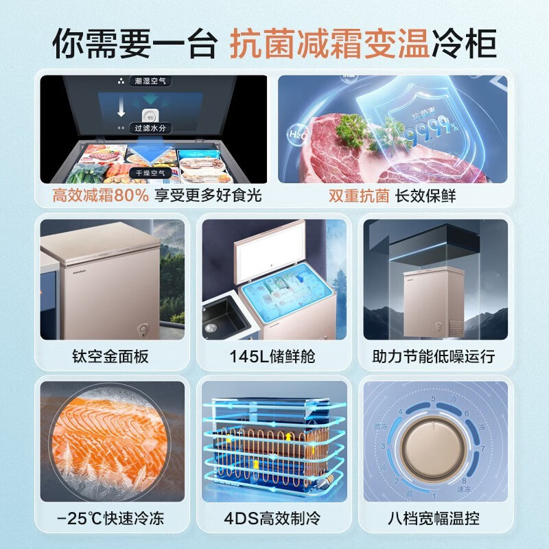 容声（Ronshen）145升冰柜小型冷柜冷藏冷冻商用家用小冰柜迷你变温母婴母乳小冰箱卧式一级能效 【全空间净化】八档调温 高效减霜变温款