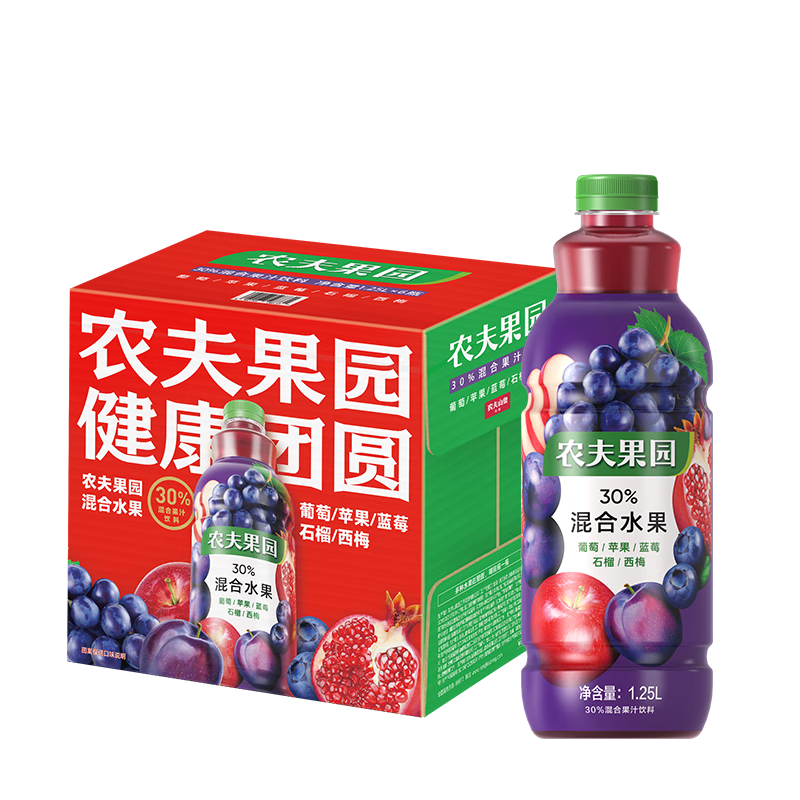 农夫果园葡萄苹果蓝莓1*6*1.25l纸箱 30%葡萄苹果蓝莓125l*6瓶