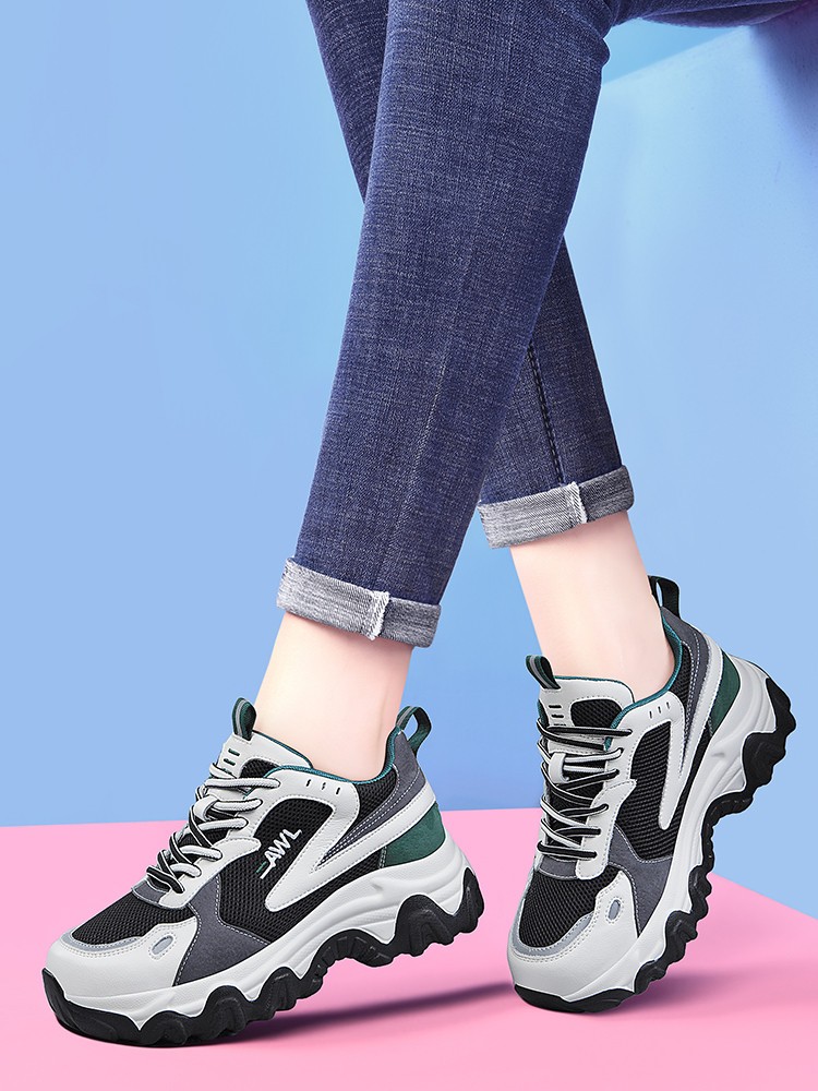 百丽美咖牛皮老爹鞋女秋季新款女鞋厚底增高运动休闲鞋轻便软底旅游鞋