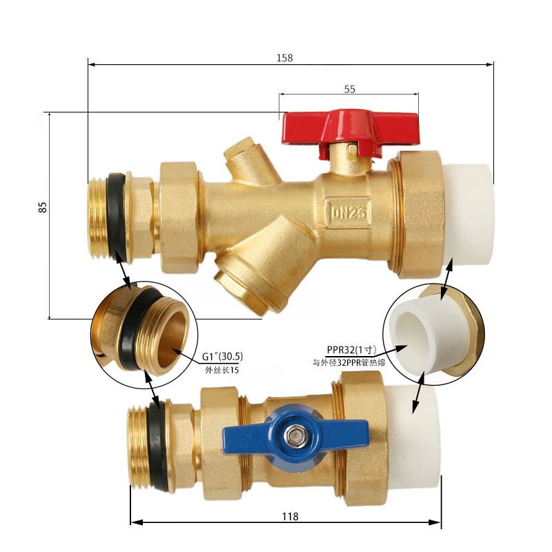 套阀地暖总阀ppr球阀32多功能过滤球阀直式ppr32*1寸开关阀门全铜 ppr