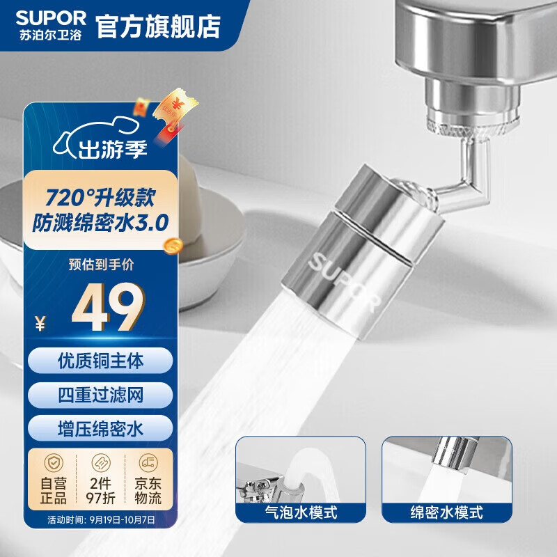 苏泊尔（SUPOR）720°水龙头延伸器万向旋转接头通用起泡器厨房面盆卫生间用防溅水