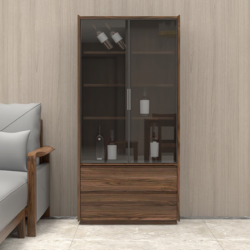 全实木酒柜客厅靠墙简约现代轻奢展示柜玻璃门餐边柜 胡桃木两门酒柜