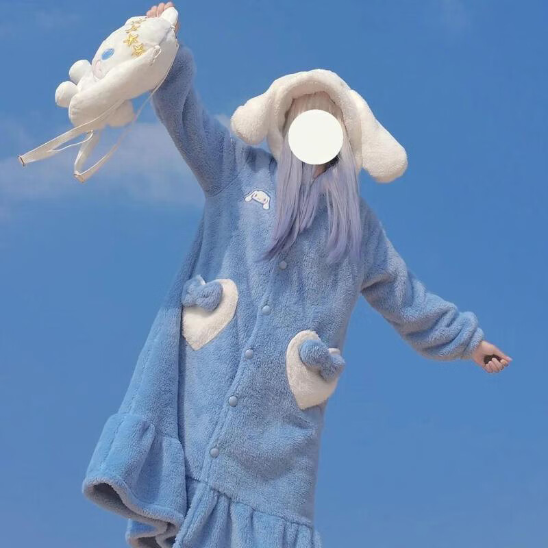 宝娜斯珊瑚绒睡衣女冬季加厚加绒卡通少女草莓小鸭长款睡袍居家服 玉桂狗睡袍 均码 (适合80-160斤)