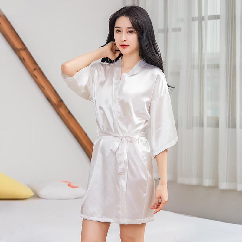 l新款仿真丝睡袍女和服时尚新娘晨袍薄款家居服色丁性感女士浴袍 白色