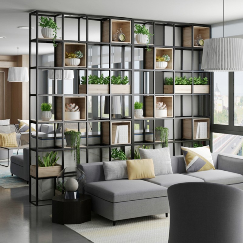 鼎聚全辦公室鐵藝隔斷墻實木雙面玄關(guān)鏤空柜移動博古架花架置物客廳屏風(fēng) 長240*25*210CM高（2個長120）