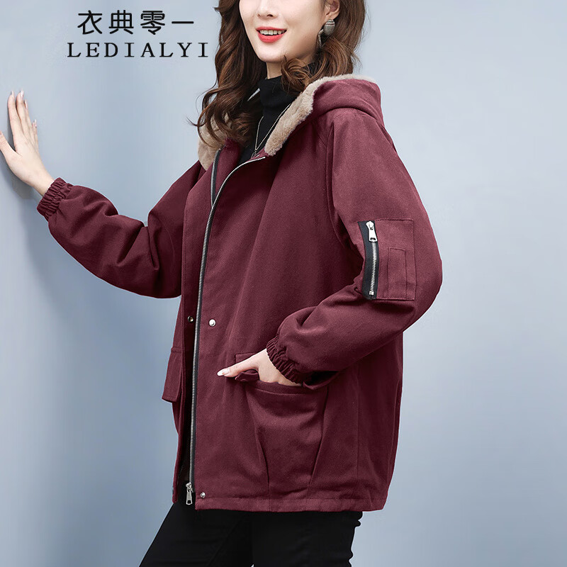 衣典零一（LEDIALYI）加绒加厚派克服棉服女2025秋冬季女装新款中年小个子棉衣棉袄外套 枣红色 3XL 【推荐154-164斤】