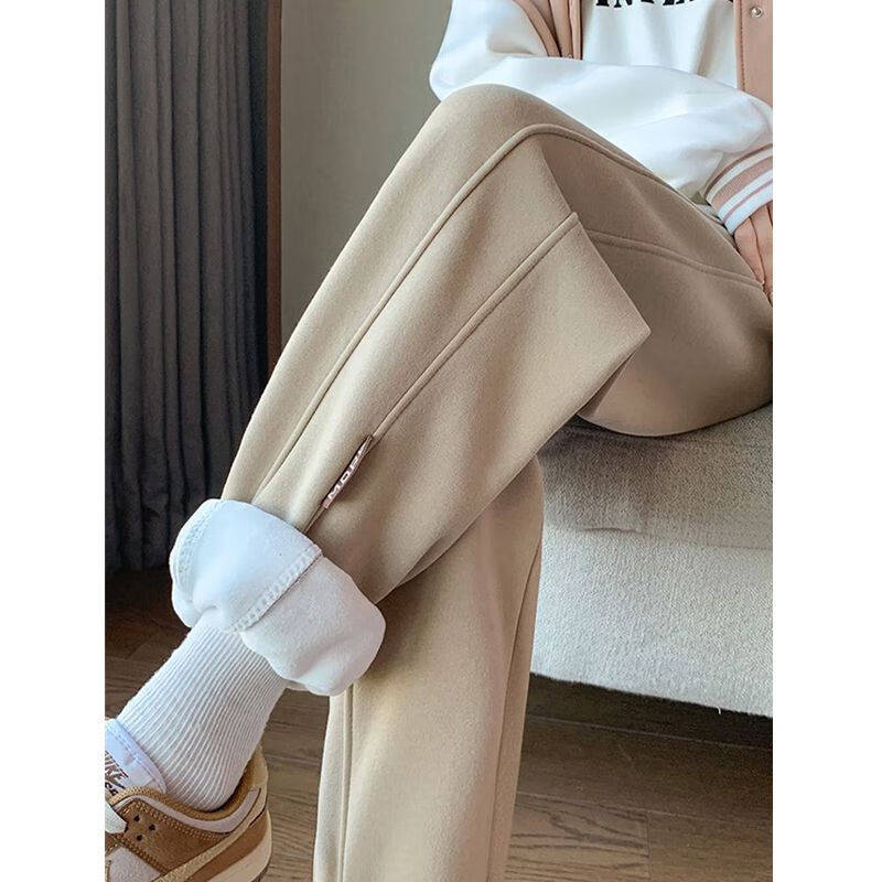 猎爱公主加绒裤女松紧腰奶咖色加绒运动裤女士秋冬季宽松束脚显瘦加厚