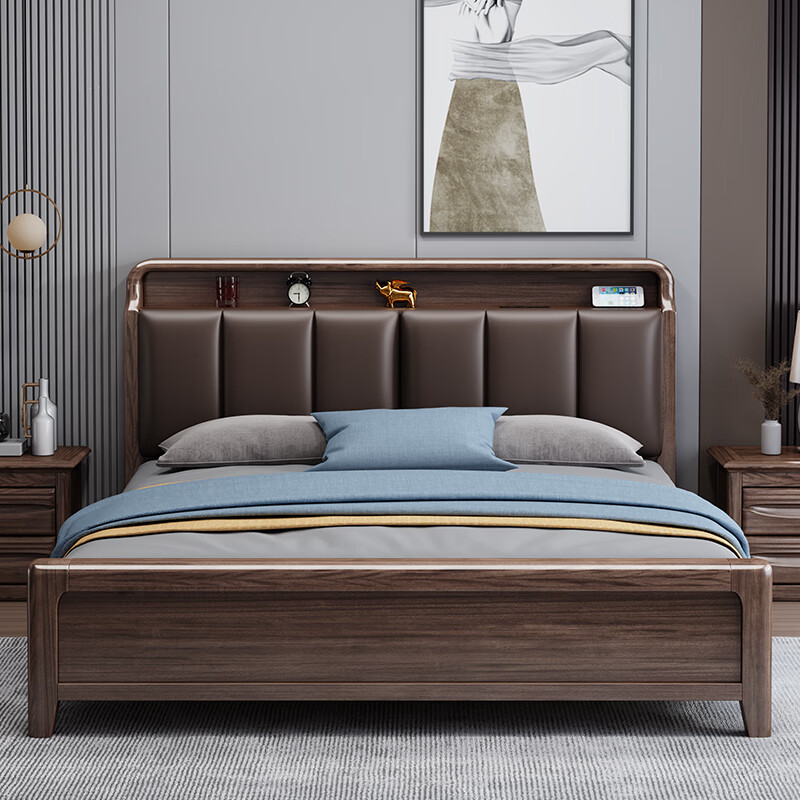 创京懿选江西南康家具 胡桃木实木床真皮软靠床1.8米现代简约双人床1.